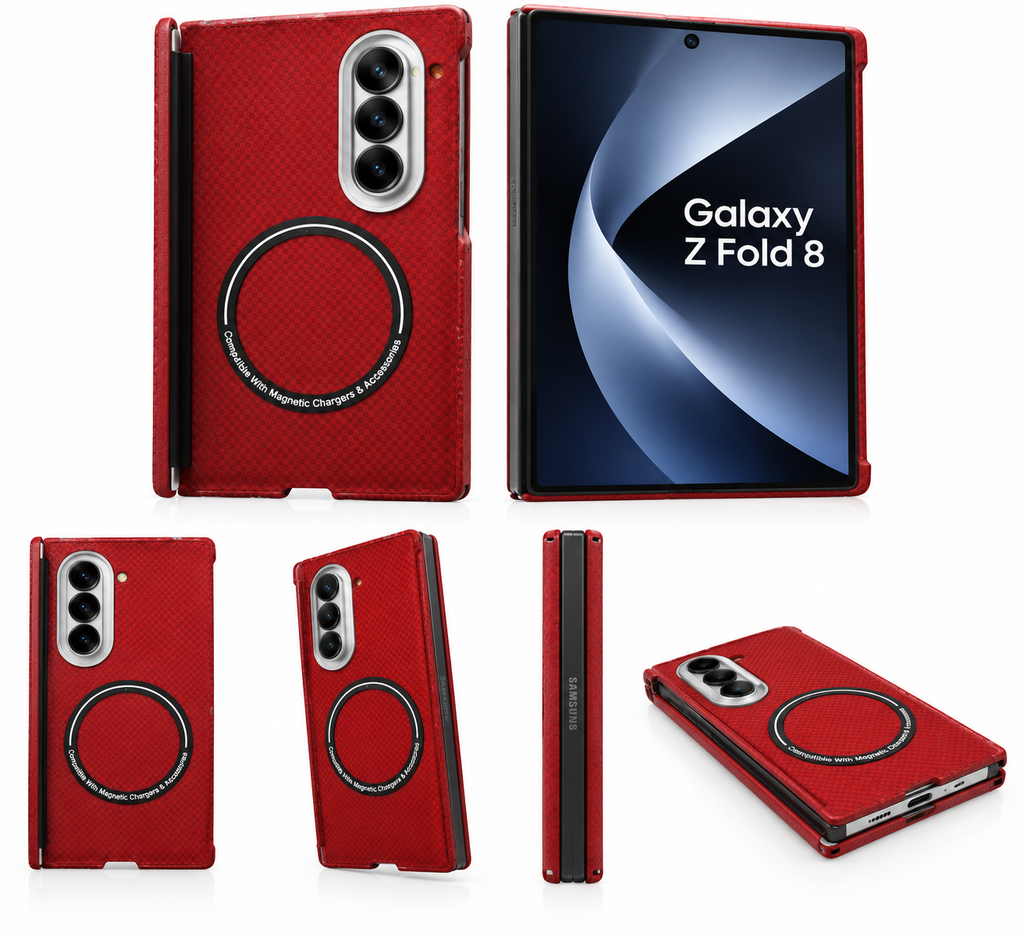 Ultra-Slim Aramid Fiber Case for Samsung Galaxy Z Fold 8 – Luxury Geometric Crimson Red Woven Kevlar Protective Shell with Metallic Camera Ring