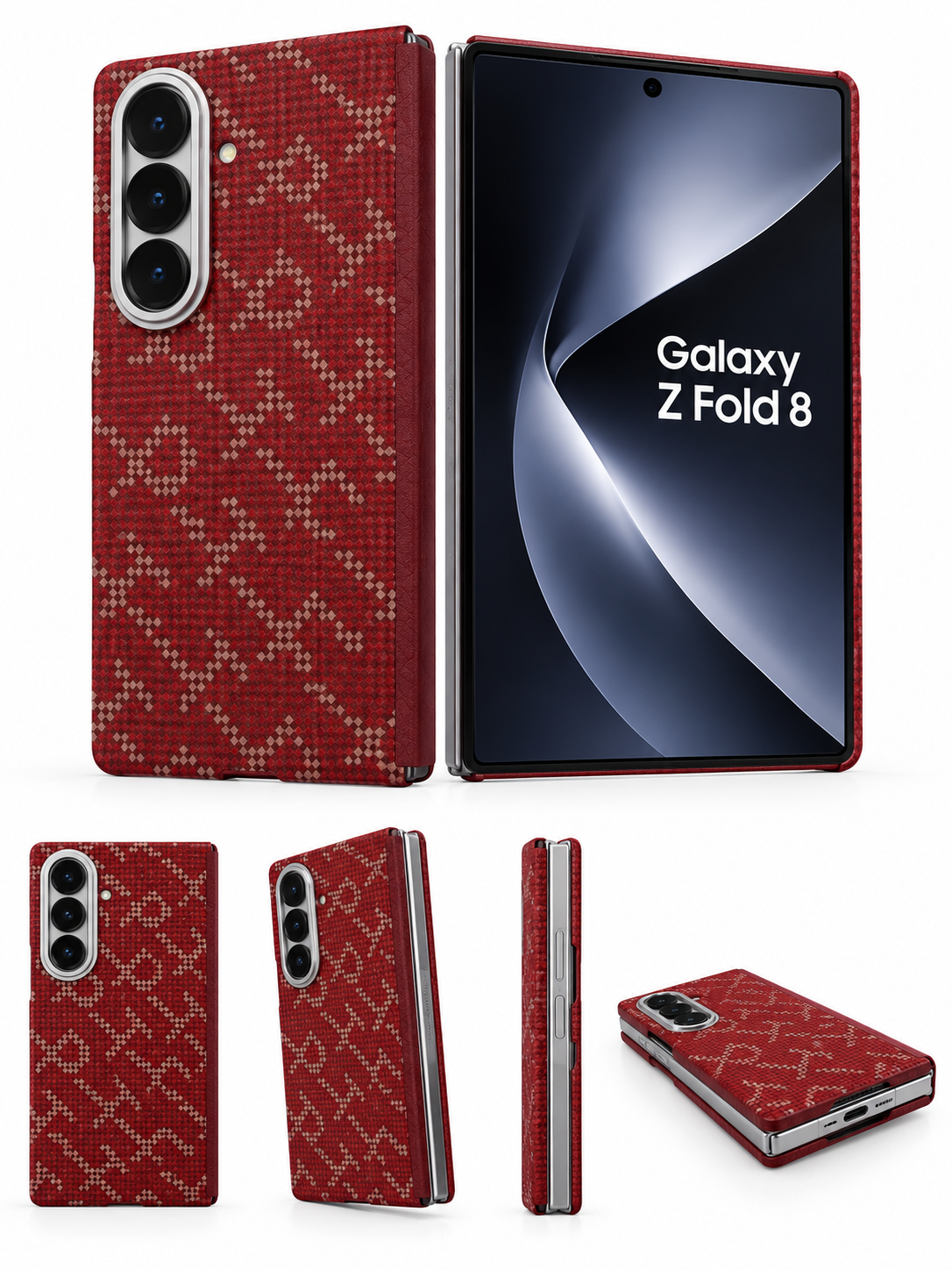 Ultra-Slim Aramid Fiber Case for Samsung Galaxy Z Fold 8 – Luxury Geometric Crimson Red Woven Kevlar Protective Shell with Metallic Camera Ring